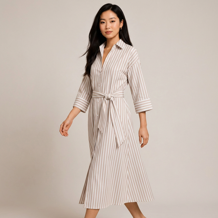 Striped Belted Shirt Midi Dress for Vacation Getaways and Effortless Summer Style Women-Vyana Collective
