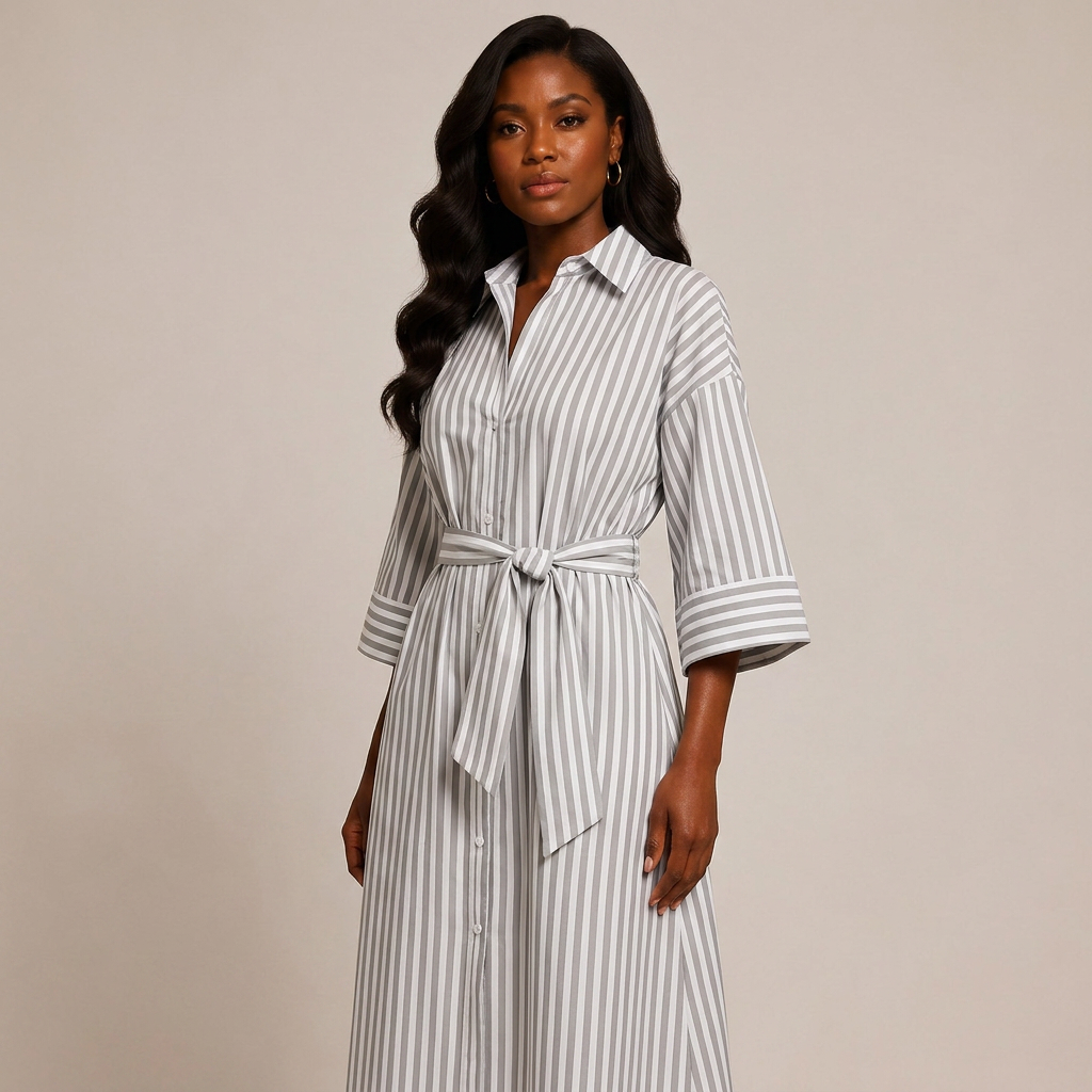 Striped Belted Shirt Midi Dress for Vacation Getaways and Effortless Summer Style Women-Vyana Collective