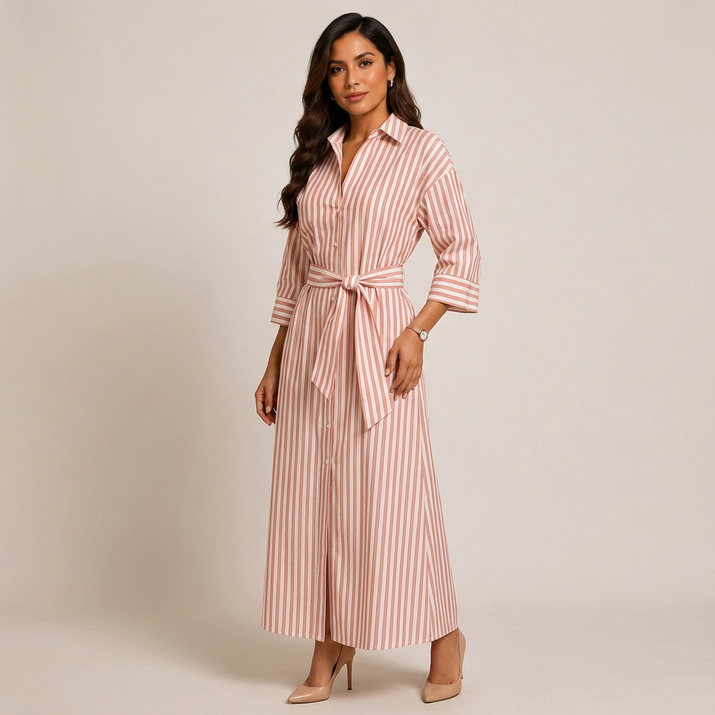 Striped Belted Shirt Midi Dress for Vacation Getaways and Effortless Summer Style Women-Vyana Collective