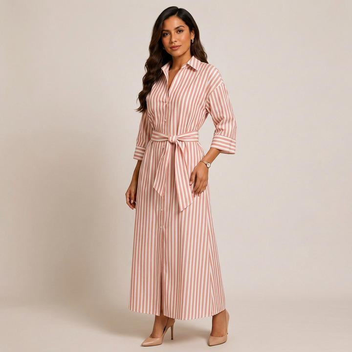 Striped Belted Shirt Midi Dress for Vacation Getaways and Effortless Summer Style Women-Vyana Collective