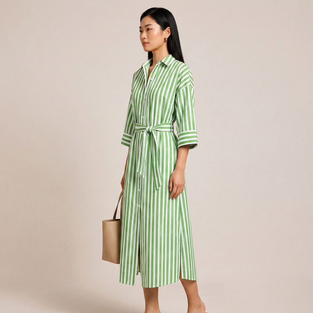 Striped Belted Shirt Midi Dress for Vacation Getaways and Effortless Summer Style Women-Vyana Collective