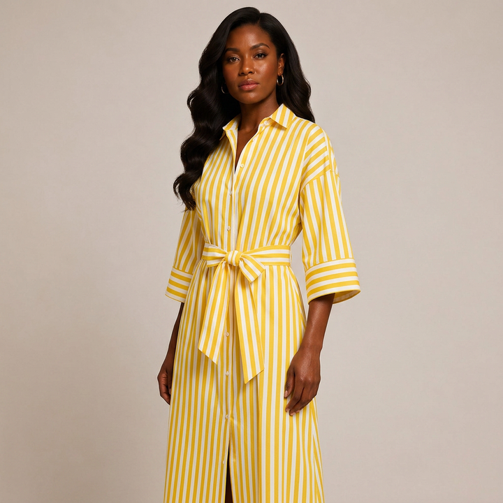 Striped Belted Shirt Midi Dress for Vacation Getaways and Effortless Summer Style Women-Vyana Collective