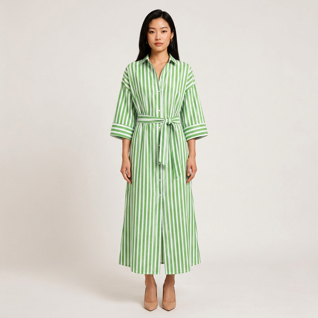 Striped Belted Shirt Midi Dress for Vacation Getaways and Effortless Summer Style Women-Vyana Collective