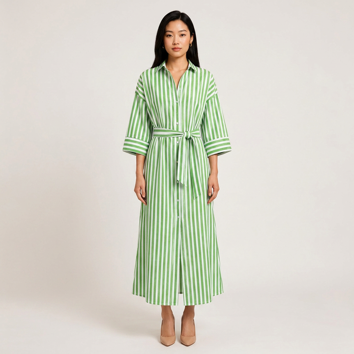 Striped Belted Shirt Midi Dress for Vacation Getaways and Effortless Summer Style Women-Vyana Collective