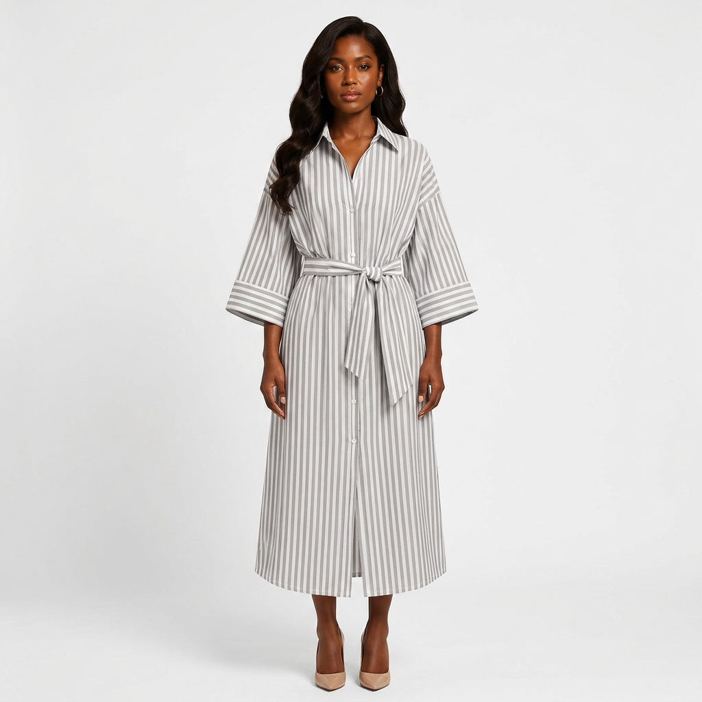 Striped Belted Shirt Midi Dress for Vacation Getaways and Effortless Summer Style Women-Vyana Collective