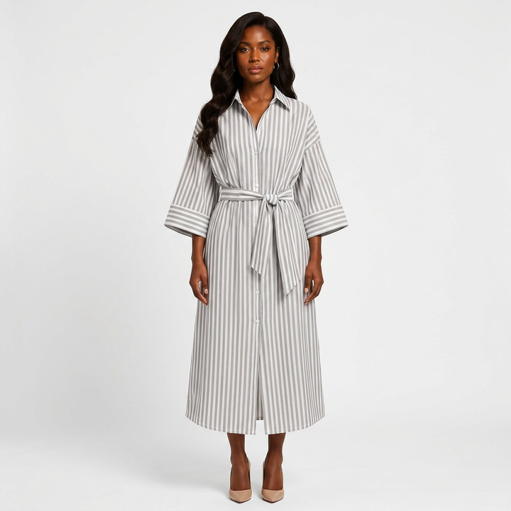 Striped Belted Shirt Midi Dress for Vacation Getaways and Effortless Summer Style Women-Vyana Collective