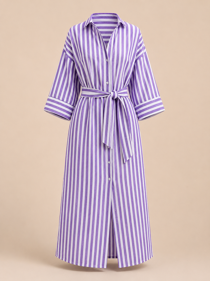 Striped Belted Shirt Midi Dress for Vacation Getaways and Effortless Summer Style Women-Vyana Collective