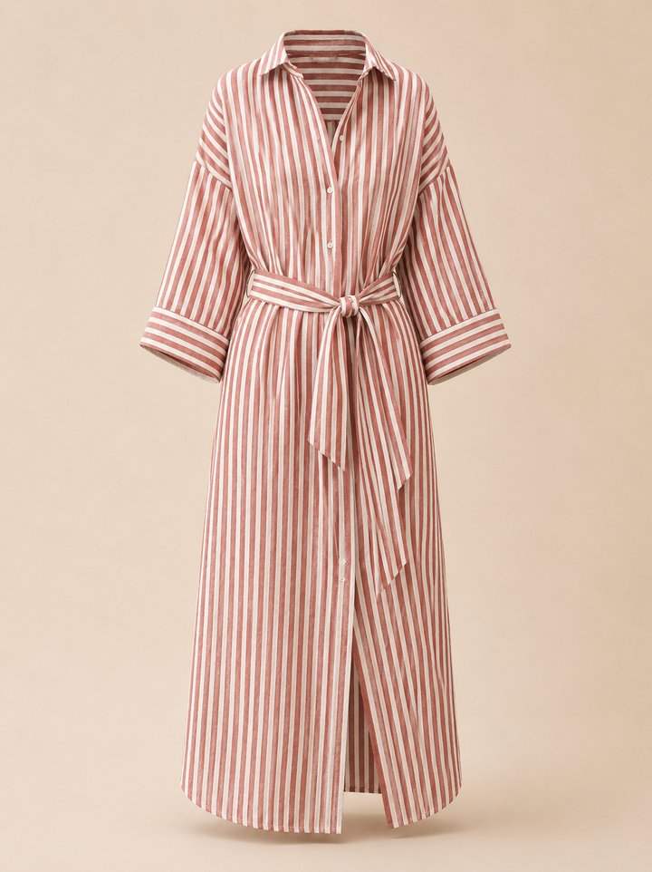 Striped Belted Shirt Midi Dress for Vacation Getaways and Effortless Summer Style Women-Vyana Collective