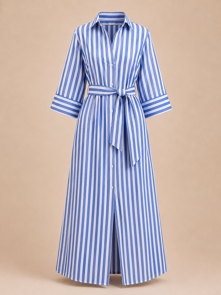 Striped Belted Shirt Midi Dress for Vacation Getaways and Effortless Summer Style Women-Vyana Collective