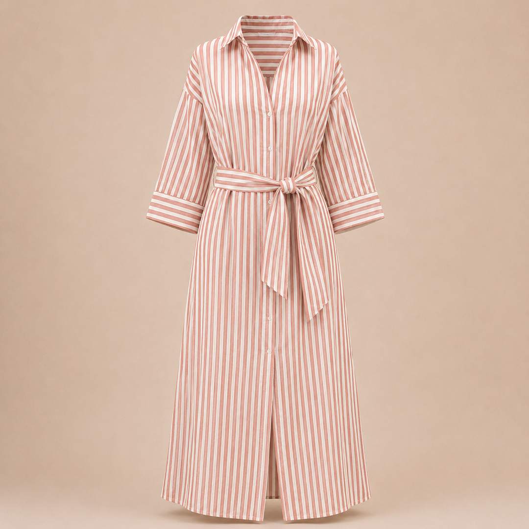 Striped Belted Shirt Midi Dress for Vacation Getaways and Effortless Summer Style Women-Vyana Collective