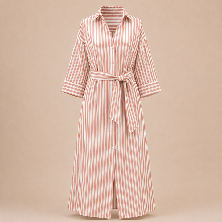 Striped Belted Shirt Midi Dress for Vacation Getaways and Effortless Summer Style Women-Vyana Collective