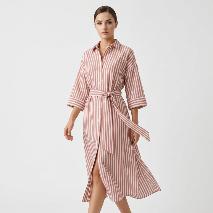 Striped Belted Shirt Midi Dress for Vacation Getaways and Effortless Summer Style Women-Vyana Collective