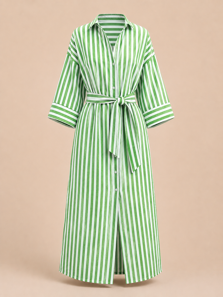 Striped Belted Shirt Midi Dress for Vacation Getaways and Effortless Summer Style Women-Vyana Collective