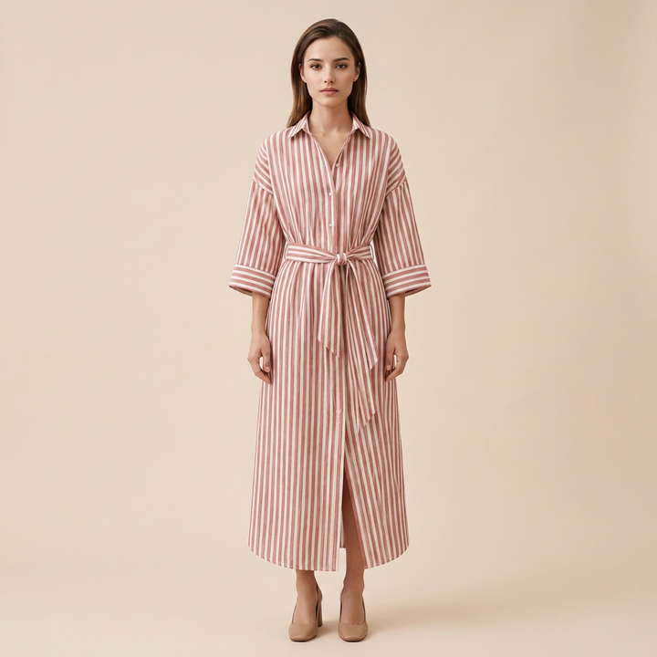 Striped Belted Shirt Midi Dress for Vacation Getaways and Effortless Summer Style Women-Vyana Collective