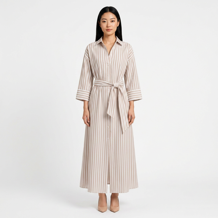 Striped Belted Shirt Midi Dress for Vacation Getaways and Effortless Summer Style Women-Vyana Collective