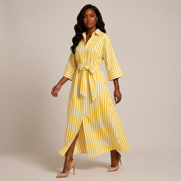 Striped Belted Shirt Midi Dress for Vacation Getaways and Effortless Summer Style Women-Vyana Collective