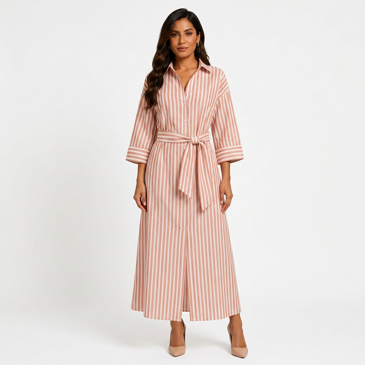 Striped Belted Shirt Midi Dress for Vacation Getaways and Effortless Summer Style Women-Vyana Collective