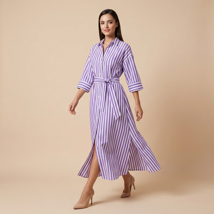 Striped Belted Shirt Midi Dress for Vacation Getaways and Effortless Summer Style Women-Vyana Collective