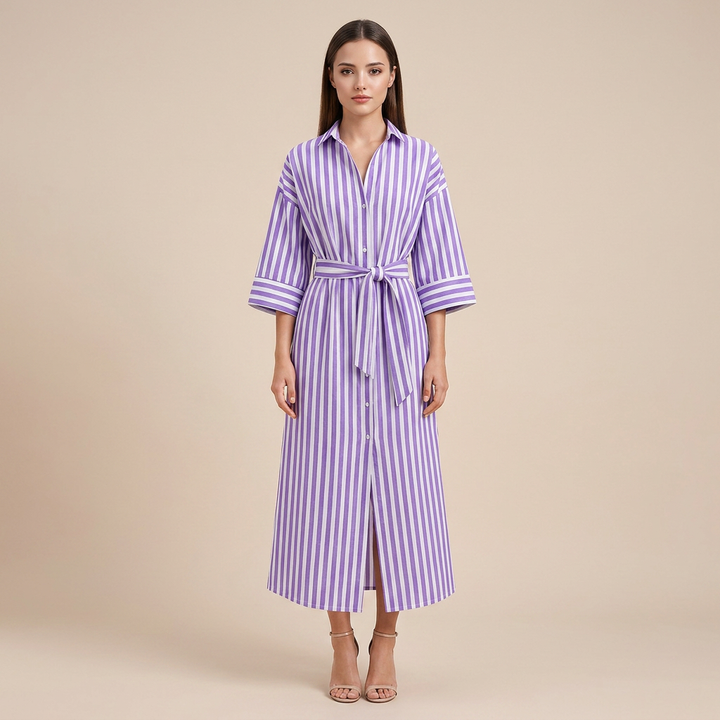 Striped Belted Shirt Midi Dress for Vacation Getaways and Effortless Summer Style Women-Vyana Collective