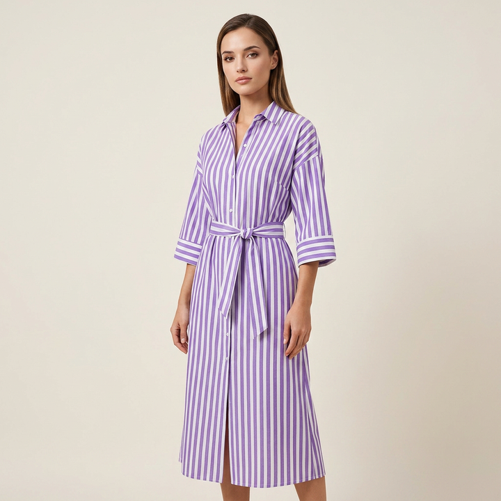 Striped Belted Shirt Midi Dress for Vacation Getaways and Effortless Summer Style Women-Vyana Collective