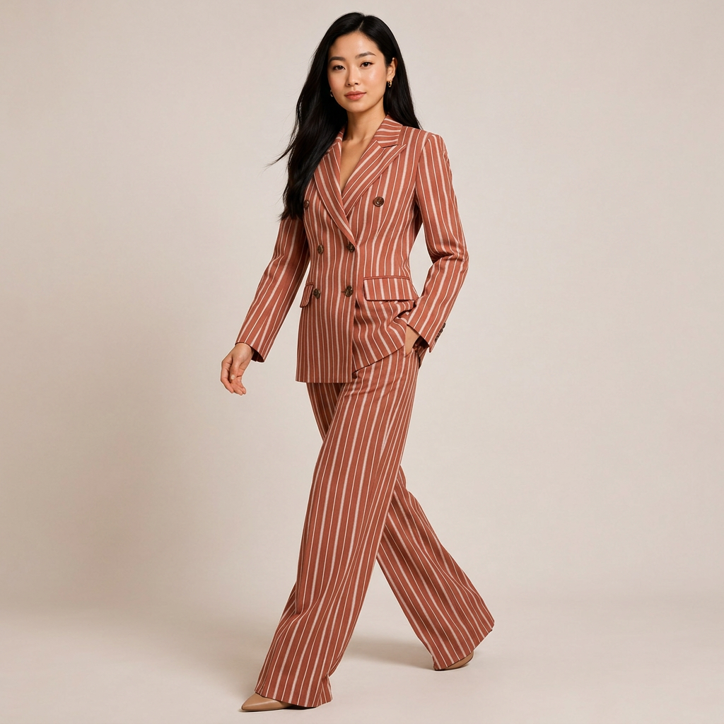 Striped Double Breasted Blazer and Wide Leg Pants Set for Meetings Ready Women-Vyana Collective