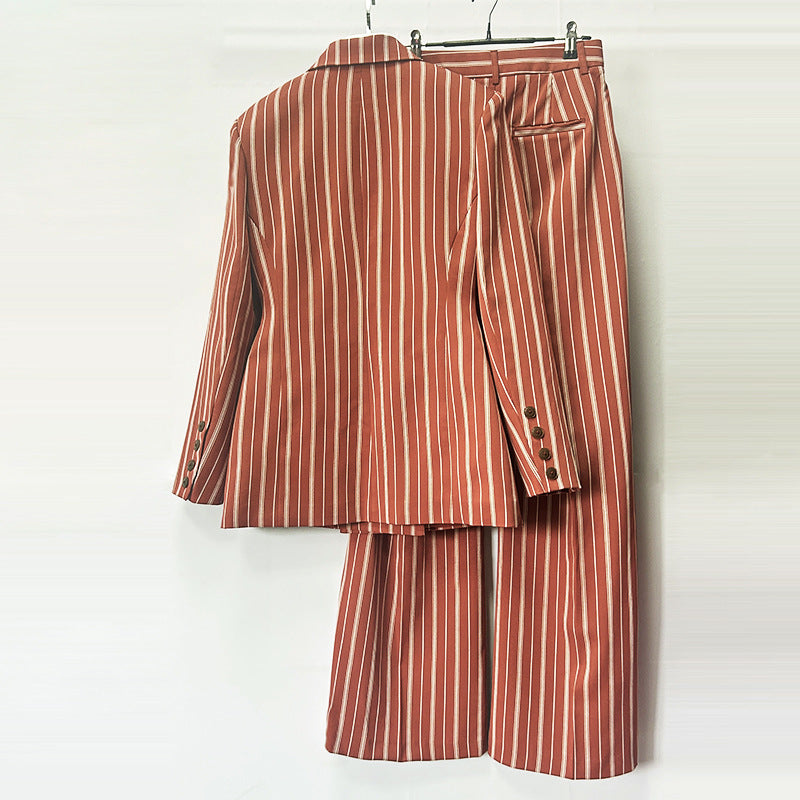 Striped Double Breasted Blazer and Wide Leg Pants Set for Meetings Ready Women-Vyana Collective
