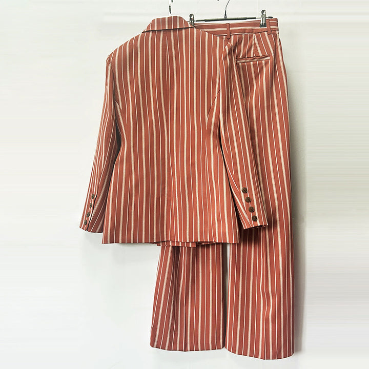 Striped Double Breasted Blazer and Wide Leg Pants Set for Meetings Ready Women-Vyana Collective