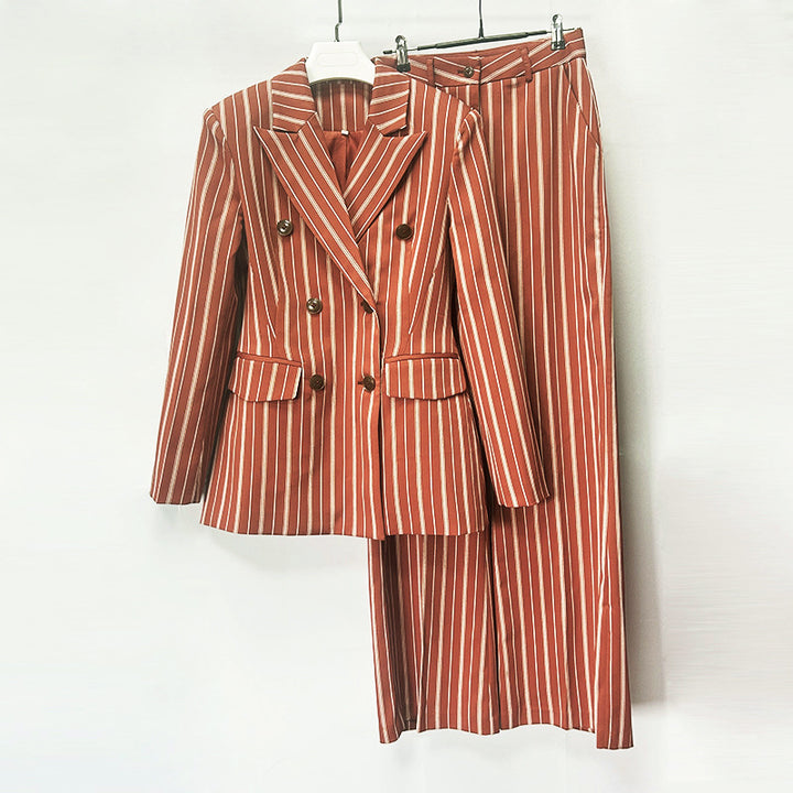 Striped Double Breasted Blazer and Wide Leg Pants Set for Meetings Ready Women-Vyana Collective