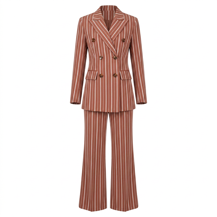 Striped Double Breasted Blazer and Wide Leg Pants Set for Meetings Ready Women-Vyana Collective