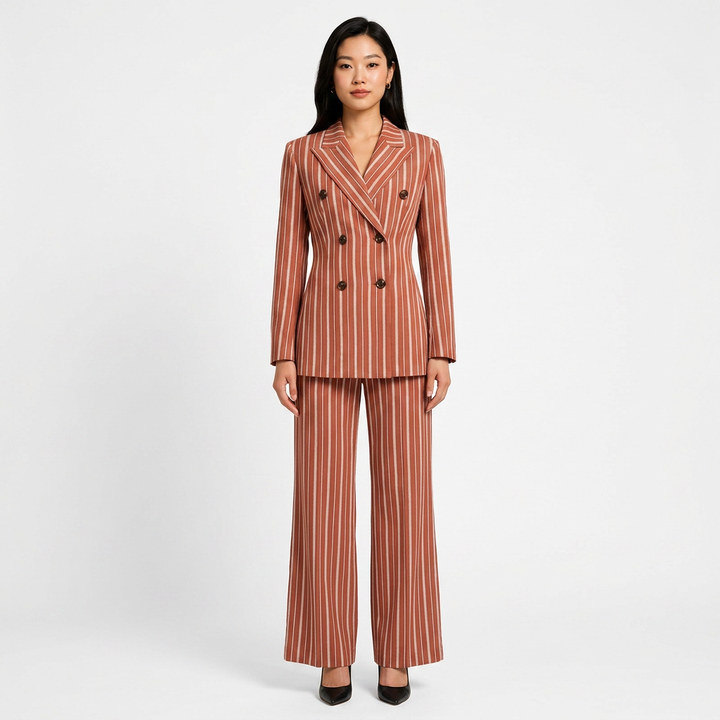Striped Double Breasted Blazer and Wide Leg Pants Set for Meetings Ready Women-Vyana Collective