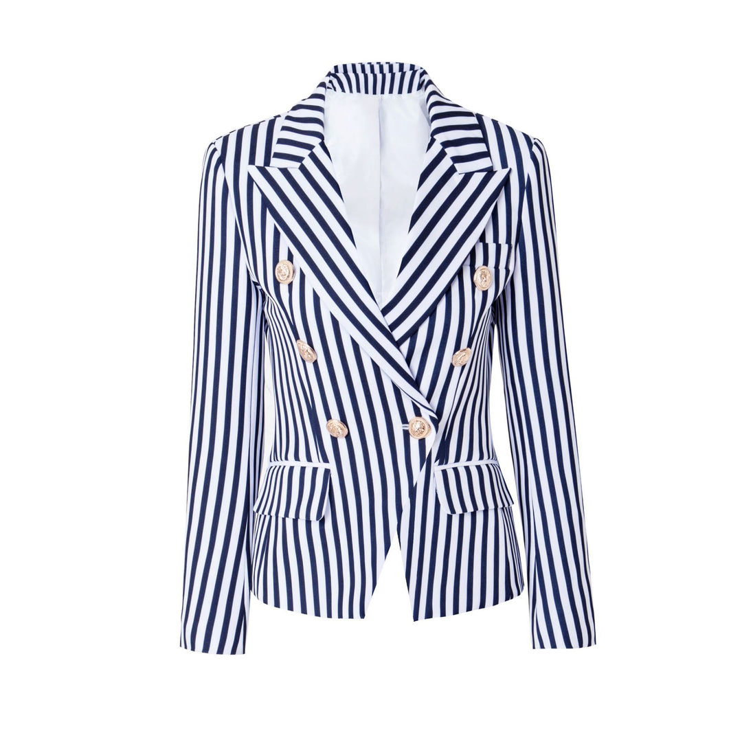 Striped Double-Breasted Tailored Blazer-Vyana Collective