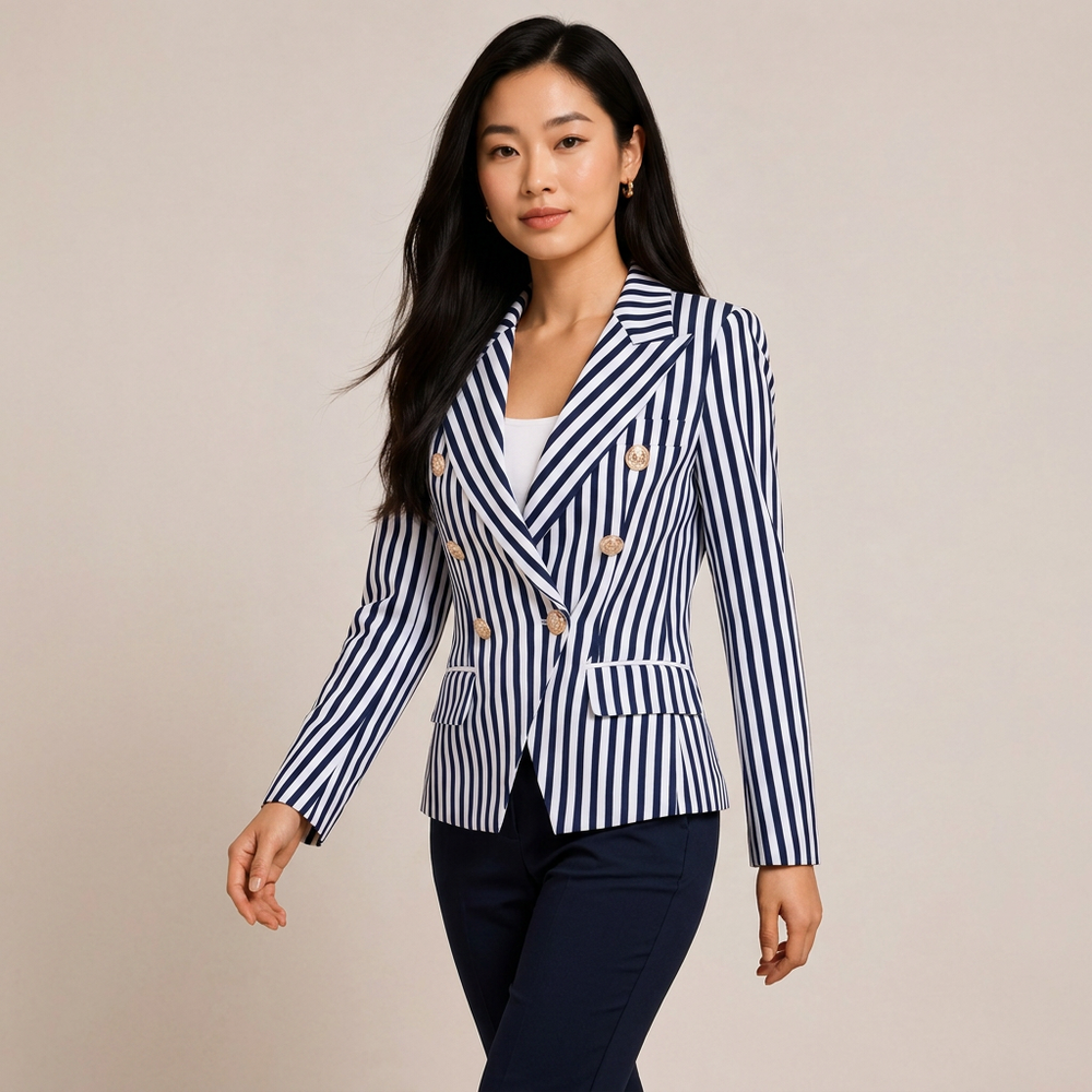 Striped Double-Breasted Tailored Blazer-Vyana Collective