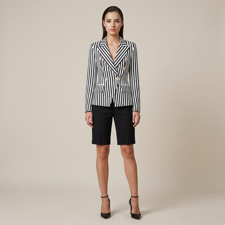 Striped Double-Breasted Tailored Blazer-Vyana Collective