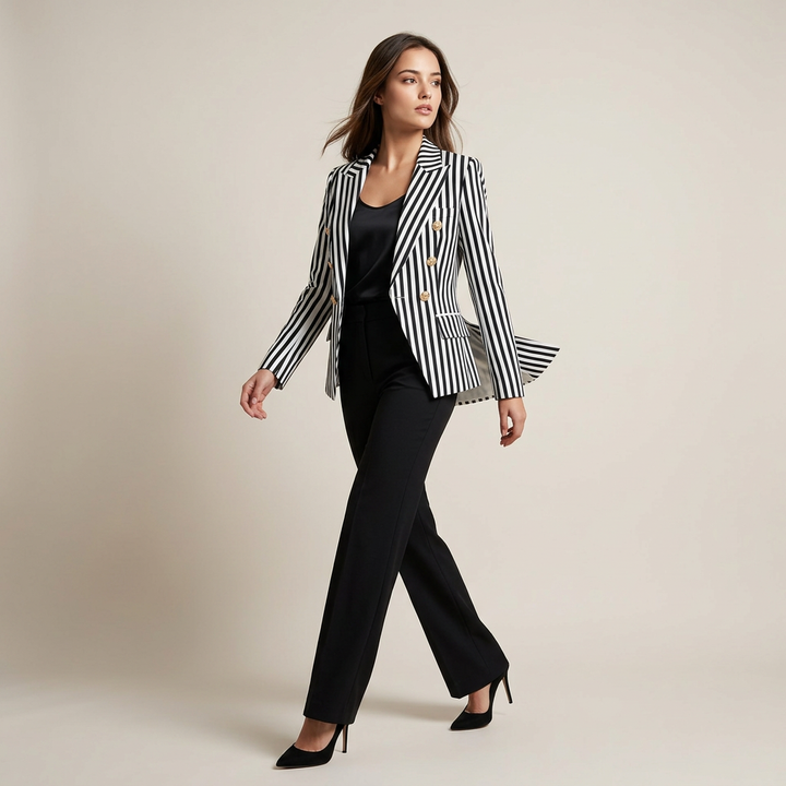 Striped Double-Breasted Tailored Blazer-Vyana Collective