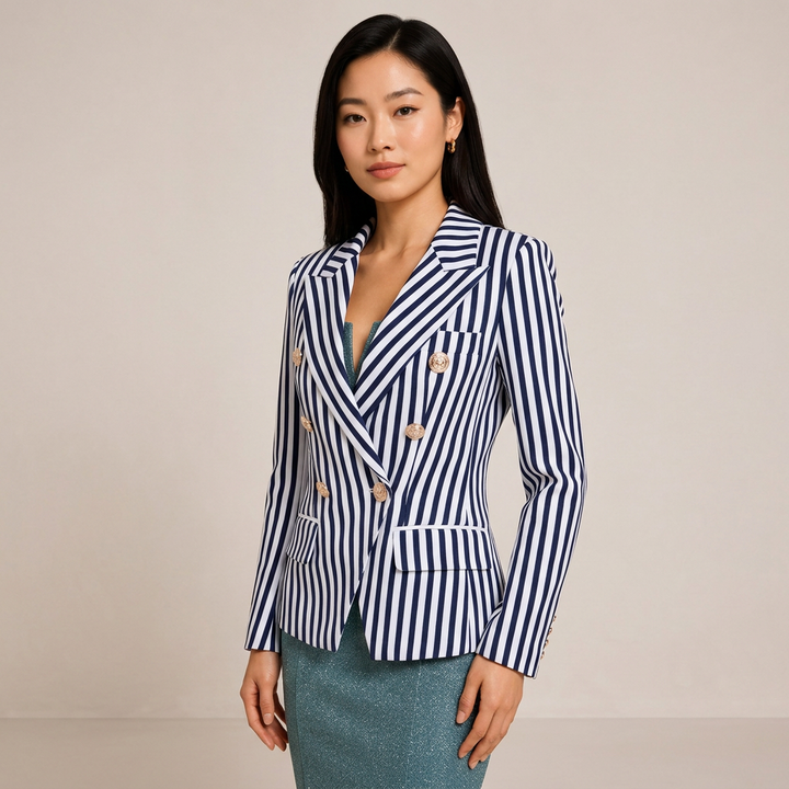 Striped Double-Breasted Tailored Blazer-Vyana Collective