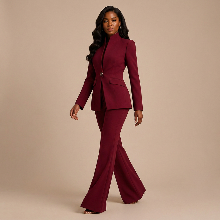Structured Stand Collar Blazer and Wide Leg Trousers Suit Set for Meetings Ready and Executive Office Style Women-Vyana Collective