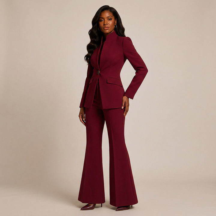 Structured Stand Collar Blazer and Wide Leg Trousers Suit Set for Meetings Ready and Executive Office Style Women-Vyana Collective