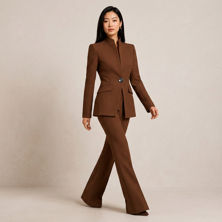 Structured Stand Collar Blazer and Wide Leg Trousers Suit Set for Meetings Ready and Executive Office Style Women-Vyana Collective