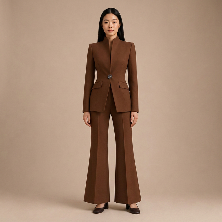 Structured Stand Collar Blazer and Wide Leg Trousers Suit Set for Meetings Ready and Executive Office Style Women-Vyana Collective