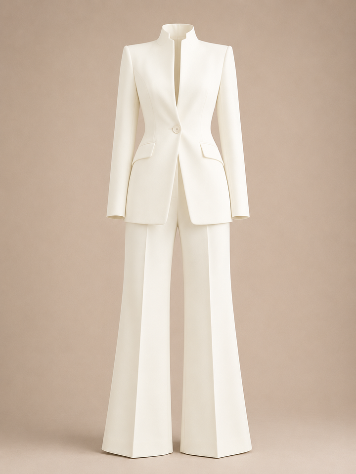 Structured Stand Collar Blazer and Wide Leg Trousers Suit Set for Meetings Ready and Executive Office Style Women-Vyana Collective