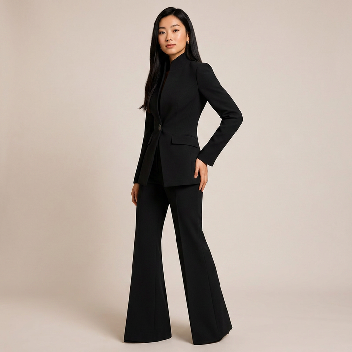 Structured Stand Collar Blazer and Wide Leg Trousers Suit Set for Meetings Ready and Executive Office Style Women-Vyana Collective