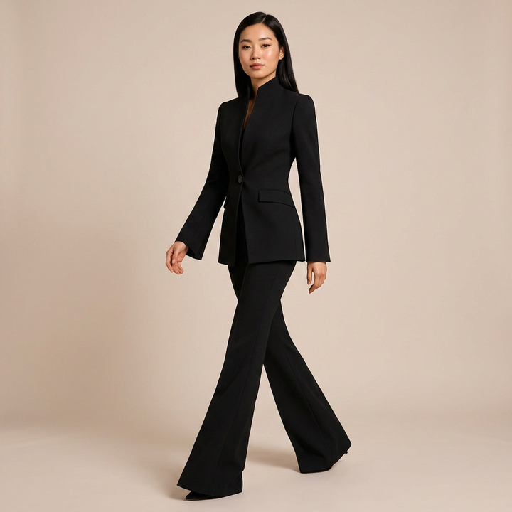 Structured Stand Collar Blazer and Wide Leg Trousers Suit Set for Meetings Ready and Executive Office Style Women-Vyana Collective