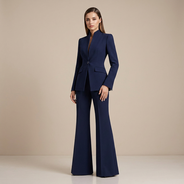 Structured Stand Collar Blazer and Wide Leg Trousers Suit Set for Meetings Ready and Executive Office Style Women-Vyana Collective