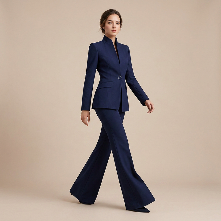 Structured Stand Collar Blazer and Wide Leg Trousers Suit Set for Meetings Ready and Executive Office Style Women-Vyana Collective