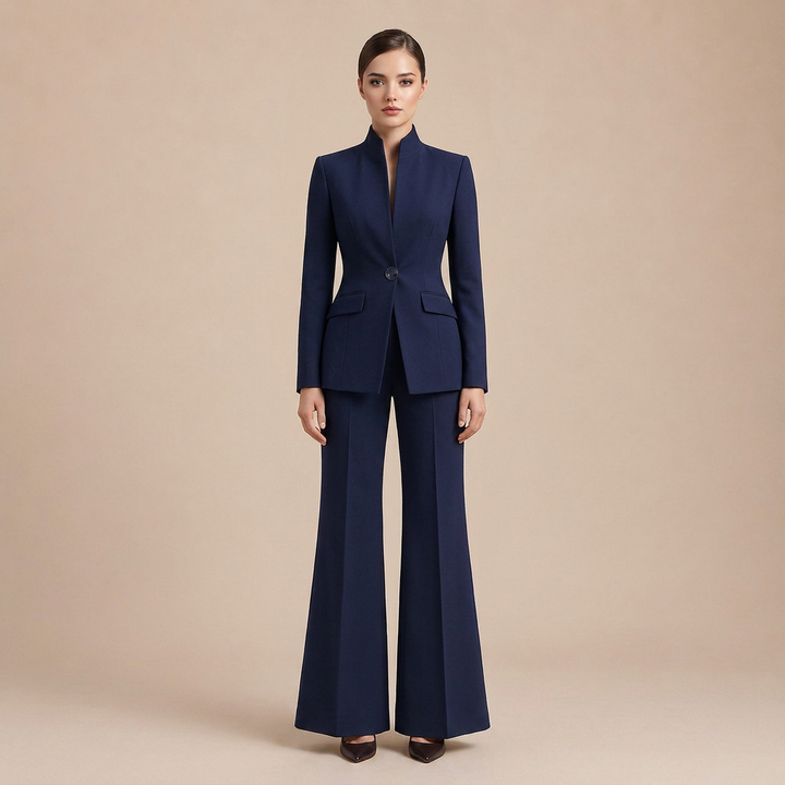 Structured Stand Collar Blazer and Wide Leg Trousers Suit Set for Meetings Ready and Executive Office Style Women-Vyana Collective