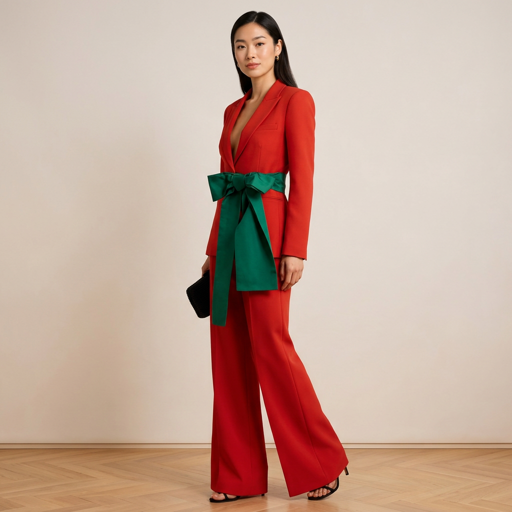 Tailored Pantsuit with Emerald Bow Belt-Vyana Collective