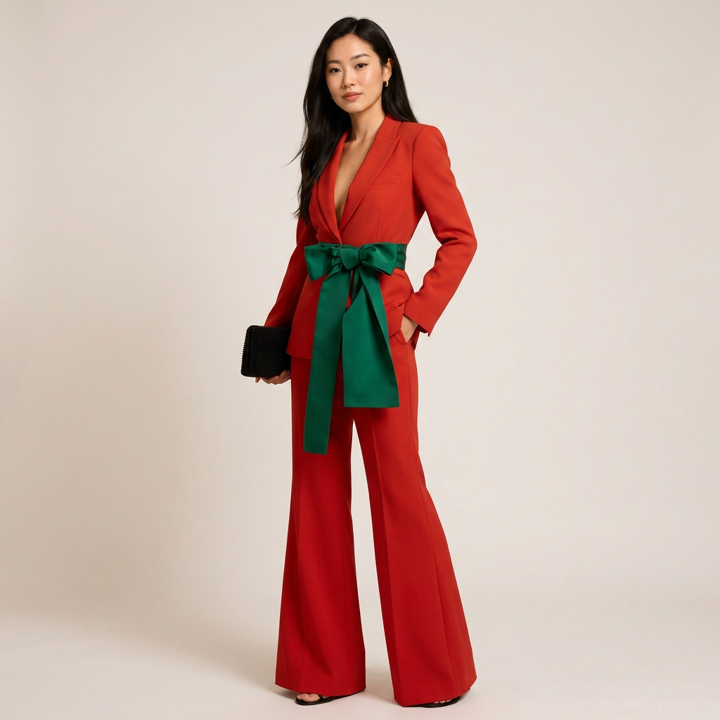 Tailored Pantsuit with Emerald Bow Belt-Vyana Collective