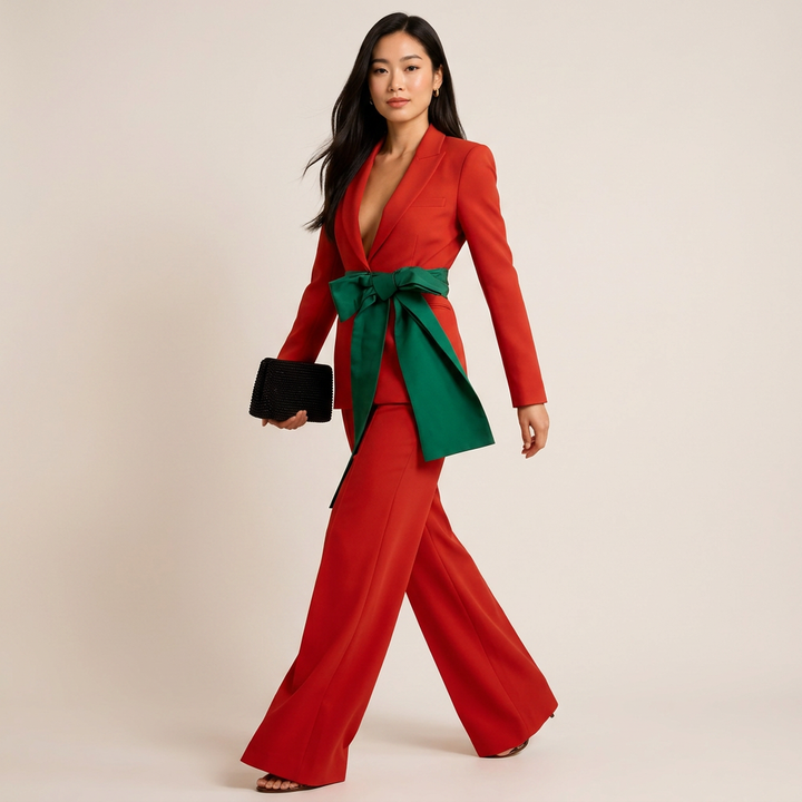 Tailored Pantsuit with Emerald Bow Belt-Vyana Collective