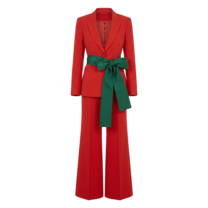 Tailored Pantsuit with Emerald Bow Belt-Vyana Collective