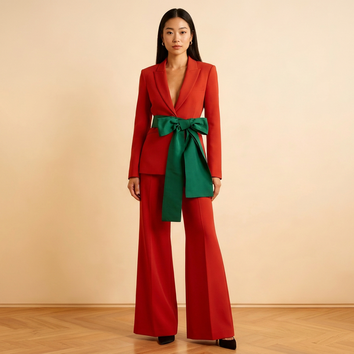 Tailored Pantsuit with Emerald Bow Belt-Vyana Collective